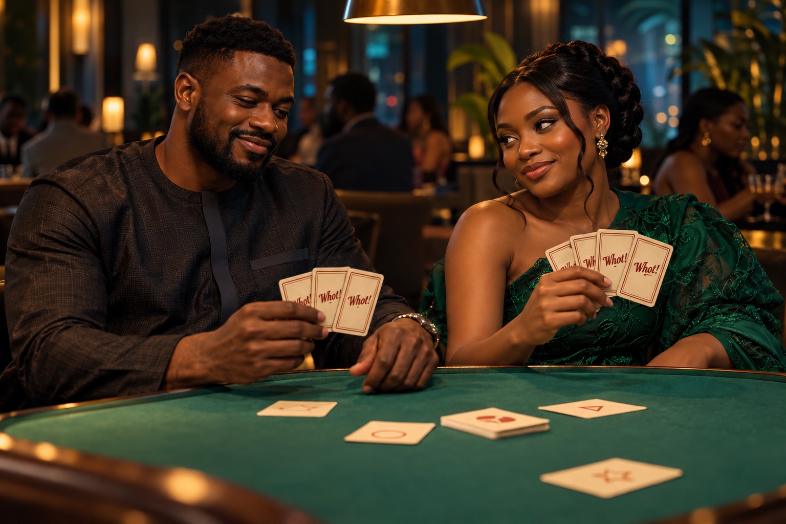 A Nigerian man and woman enjoying a card game at a green table in a warmly lit evening lounge